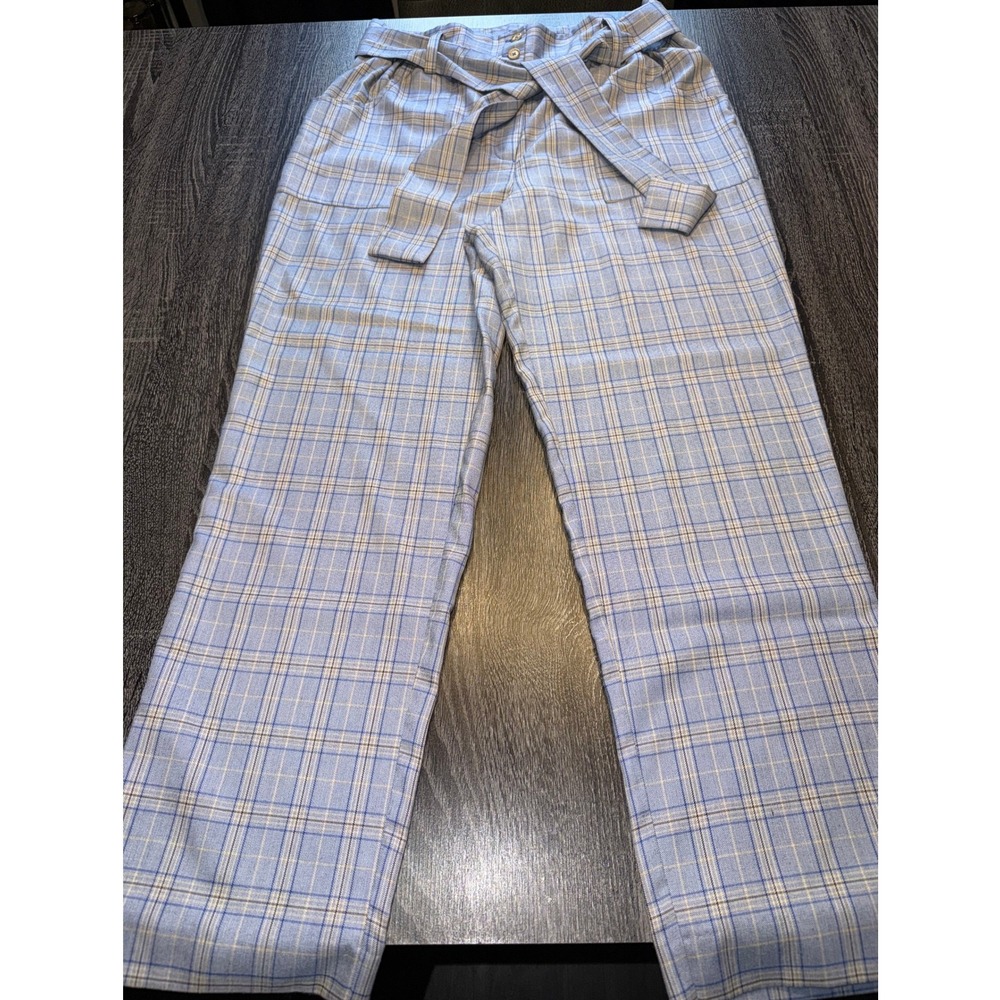 Current Air Blue Plaid Wide Leg Pants High Waist Tie‎ Belt L Academia Chic